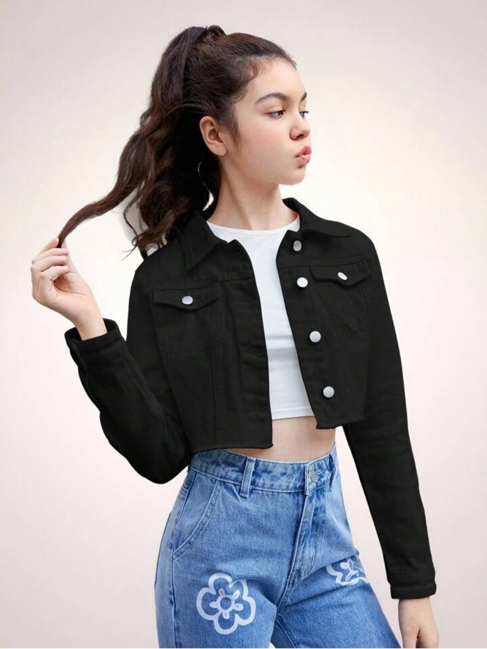 SHEIN Flap Pocket Crop Denim Jacket Size S